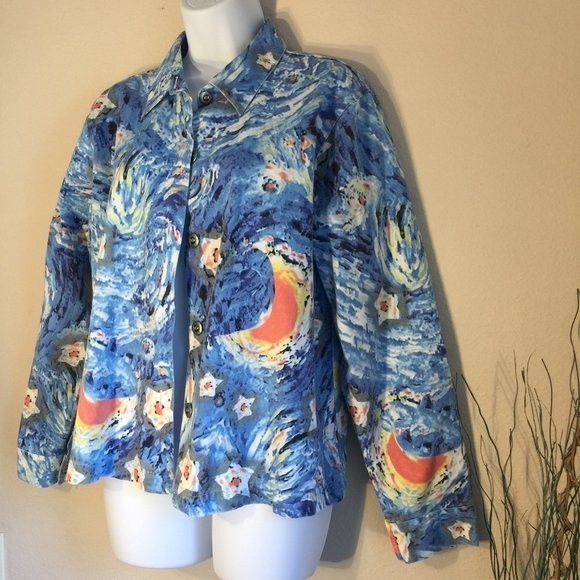 Artscapea Galaxy Print Denim Jacket Vintage 100% Cotton Blue Yellow Orange M - Picture 2 of 12